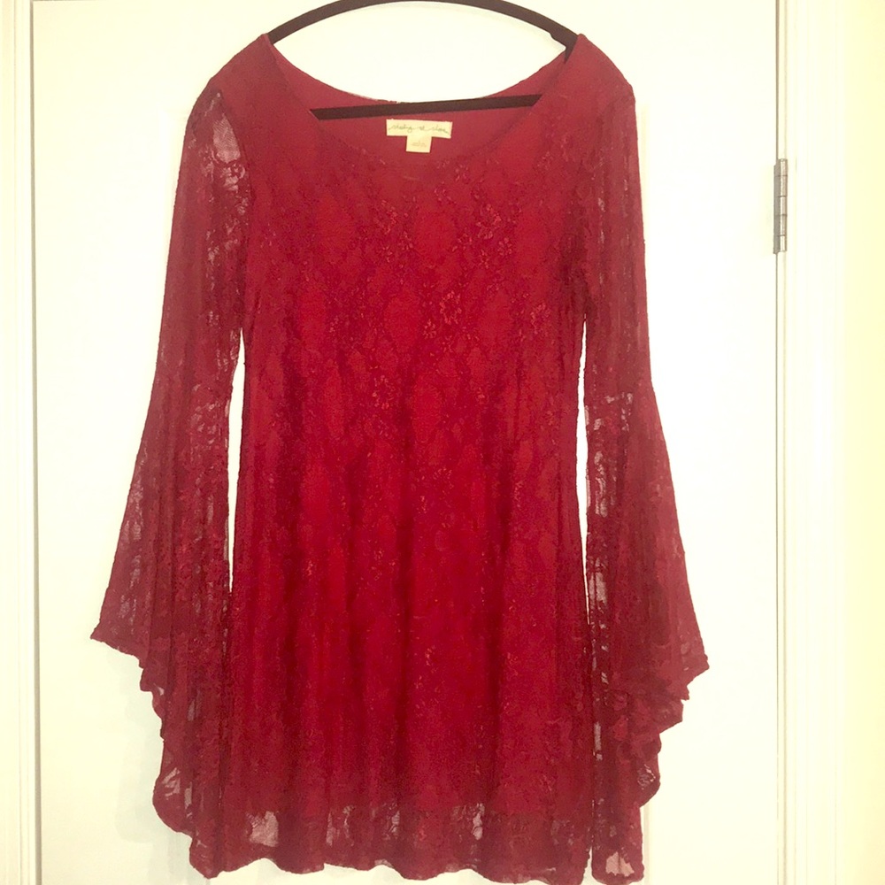 NEW RED LACE MINI DRESS WITH BELL SLEEVES